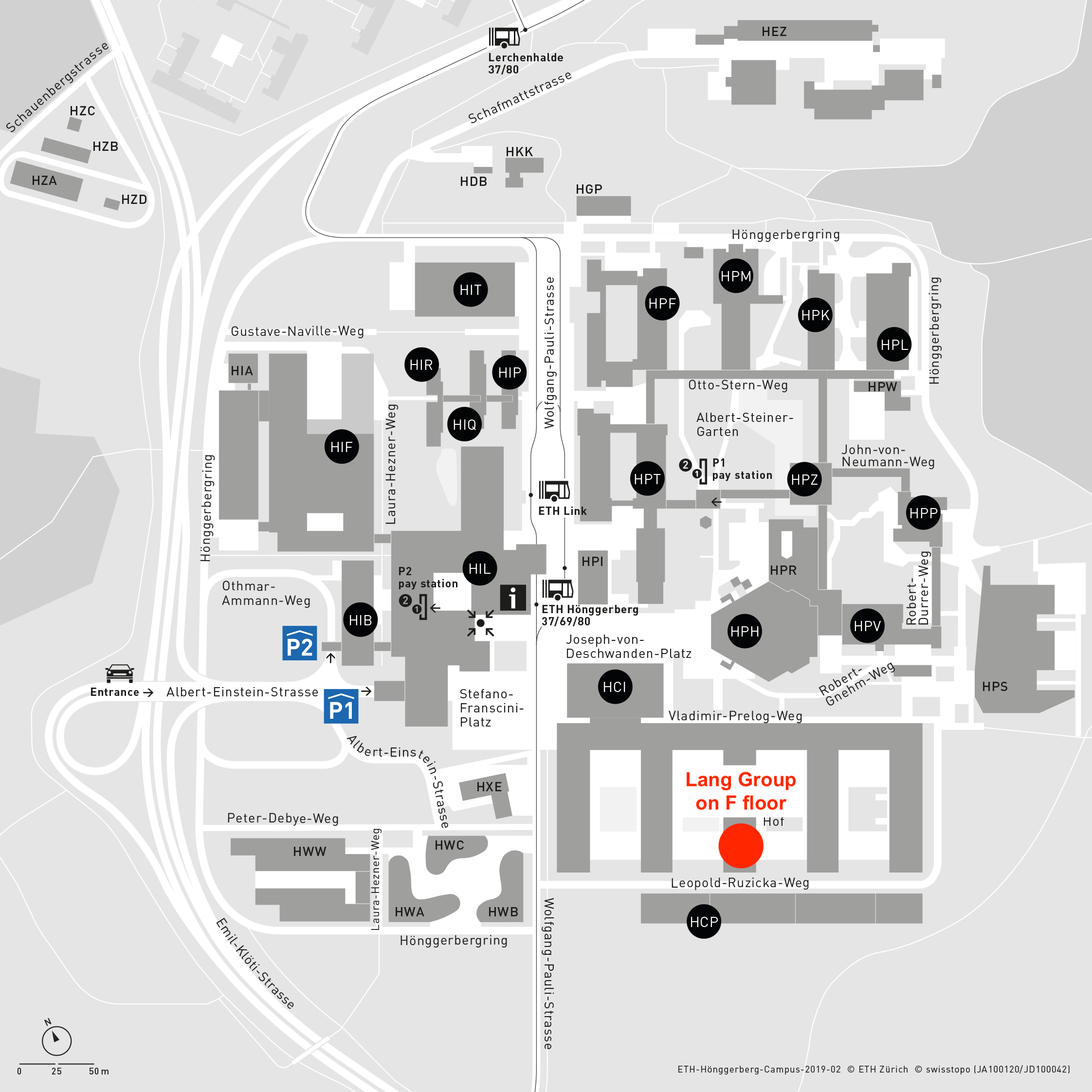 area plan of campus ETH Hönggerberg, red dot on third finger of HCI building